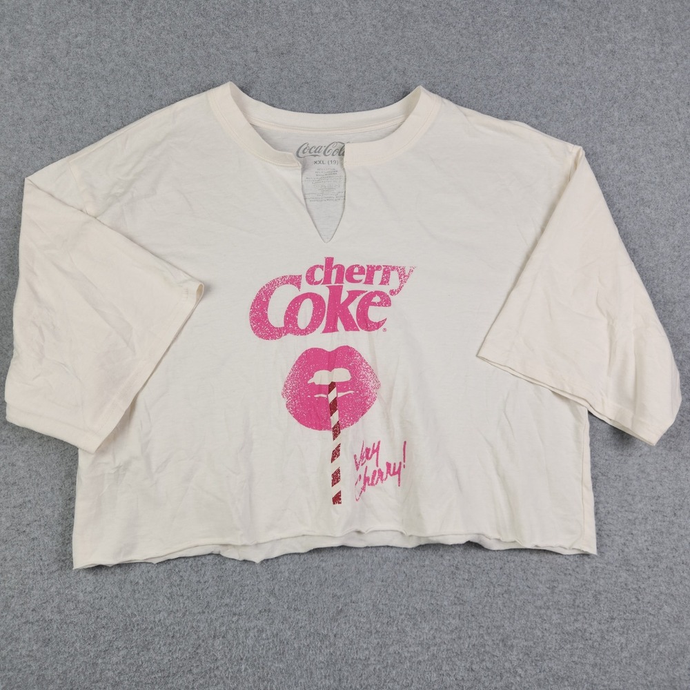 Coca-Cola Crop T-Shirt Womens XXL Cream Cherry Coke Graphic Glitter Split Neck